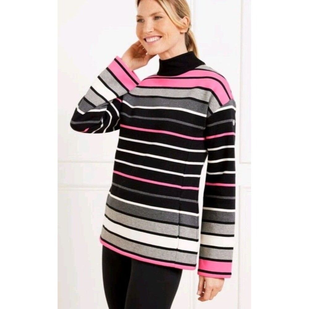 T By Talbots Mock Neck Pullover Frosted Stripe XL